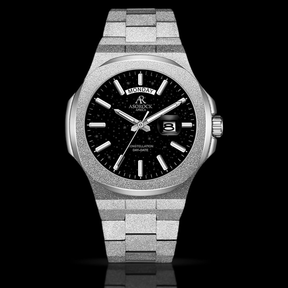 Asorock Watches Silver/Black Frosted Stardust Constellation Day Date Mens watch